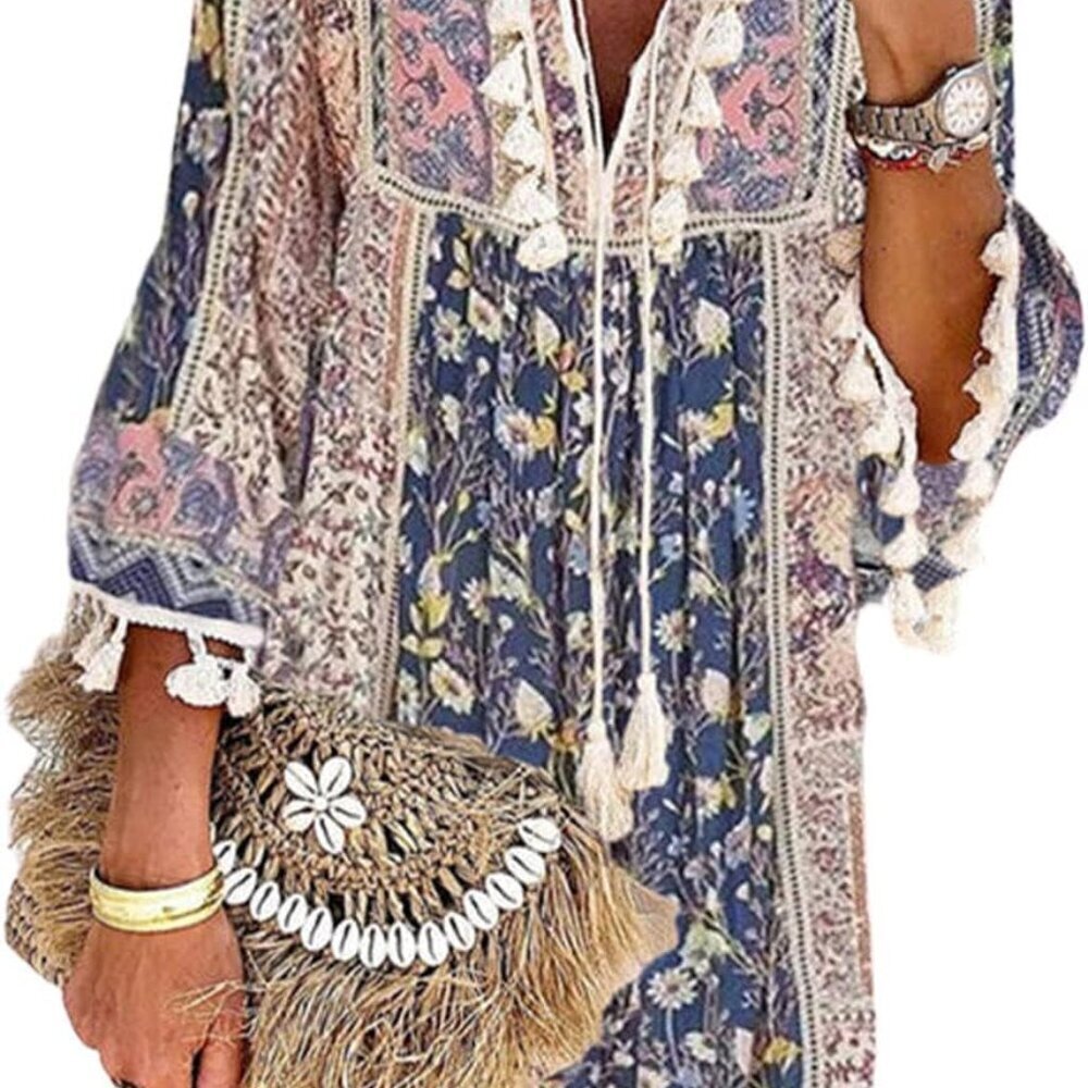 Women Print V Neck Tassel Sleeve Shift Dress Boho Casual Knee Length